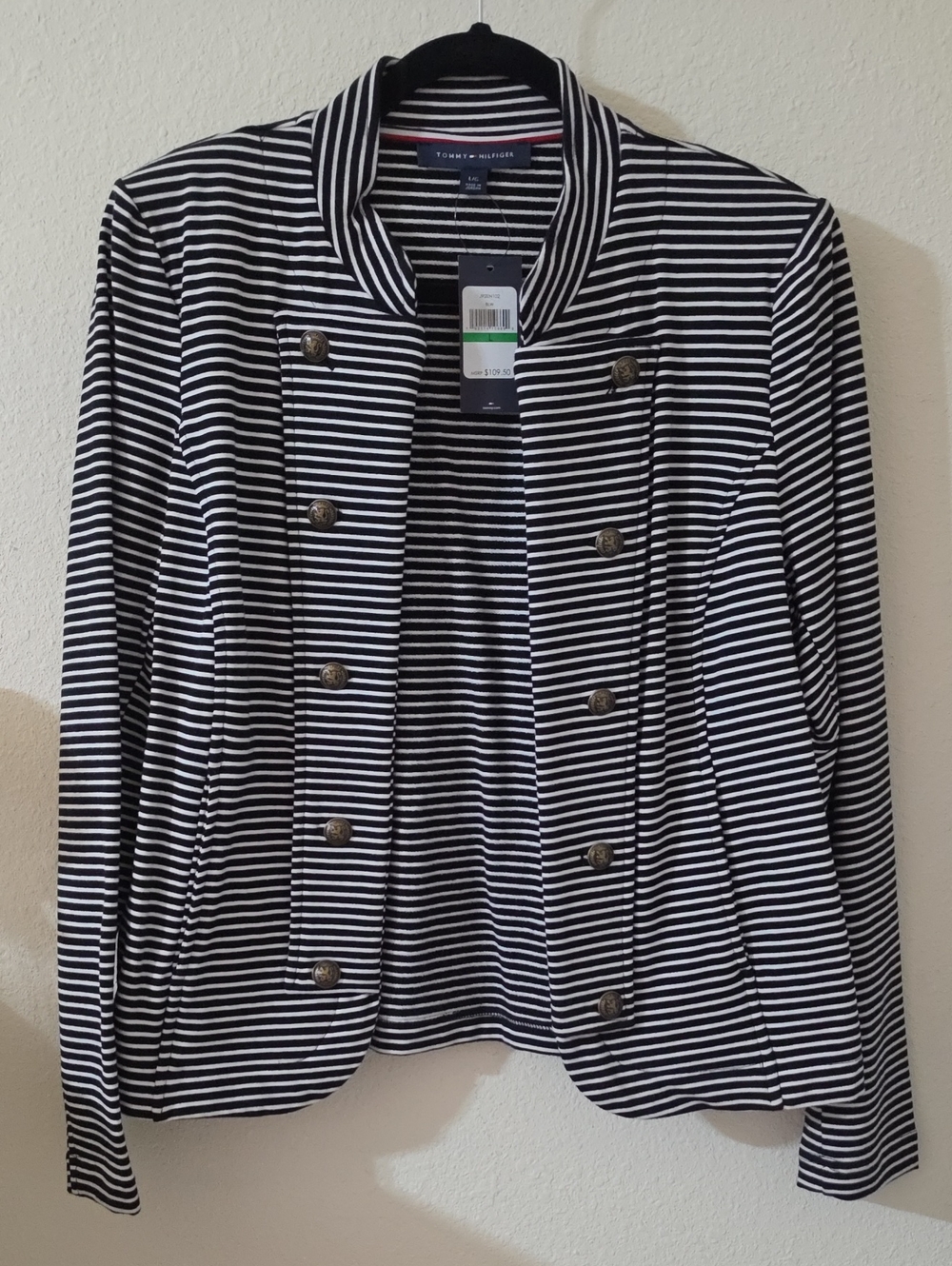 Tommy Hilfiger Navy and White Striped Military-Style Blazer